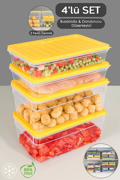 Meleni Home 4-Piece Refrigerator Organizer Set - Deep and Shallow Microwave Freezer Container, m Yellow