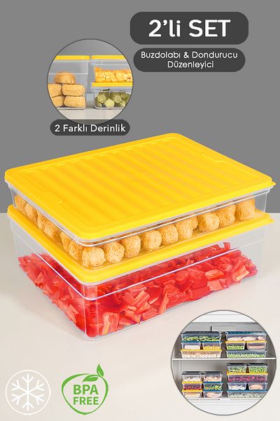Meleni Home Refrigerator Organizer Set of 2 - Deep and Shallow Microwave Freeze Container, XL Yellow