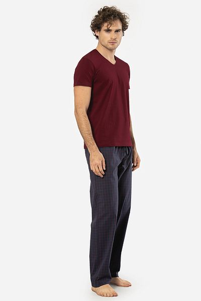 Cacharel V-Neck Short Sleeve T-Shirt and Pocket Plaid Bottom Pajama Suit