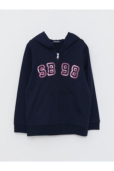LC Waikiki Hooded Sequin Embroidered Long Sleeve Girl's Zippered Sweatshirt