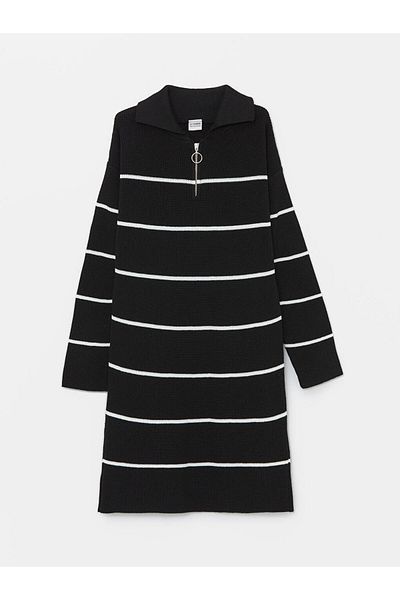 LC Waikiki Girl's Striped Polo Collar Long Sleeve Knitwear Dress
