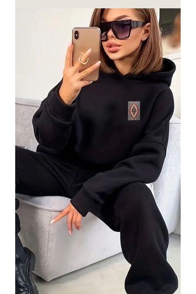 CAST COLLECTİON Γυναικείο μαύρο φούτερ με άνετη εφαρμογή και σχέδιο χαλιού