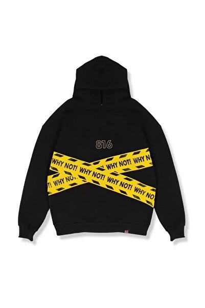Sekizbiraltı Чому б ні? Чорна оверсайз унісекс-футболка з капюшоном з принтом