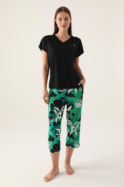 Arnetta V-Neck Floral Patterned Women's Capri Set - 100% Cotton