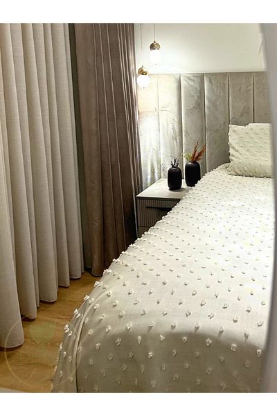 Perdeplus Modern Plain Dowry Bedspread - Linen Look, Pompom, 240X250