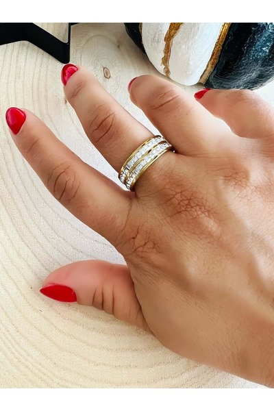 ACAR TAKI Gold Renk Baget Taşlı Çift Sıra Tamtur Çelik Yüzük 8 No ACR2924