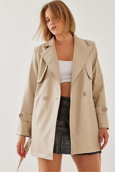 Bianco Lucci Kurzer Trenchcoat aus Leder mit zweireihigem Ausschnitt und Gürtel – Windkappe, Tasche 2377 60351181