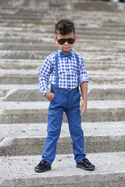 Mnk Baby&Kids Ekose Desen Gabardin Pantolon Askılı Çocuk Takım MNK0436 İNDİGO