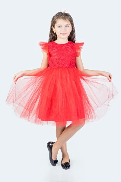 Mnk Baby&Kids Roza Dantel Tütü Kız Çocuk Abiye Elbise MNK0546 KIRMIZI