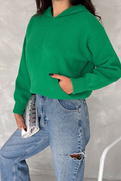 FEMELLE Women's Green Standard Size Hooded Plush Knitwear Sweatshirt