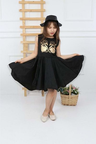 Mnk Miss Swan Foil Pattern Winged Girl's Dress with Hat Black