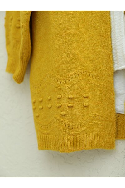 Modamorfo Knitted Cardigan with Pompom Sleeves and Skirt - Mustard
