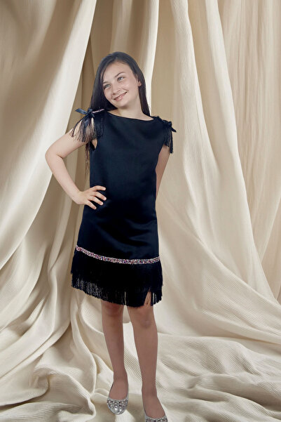 GİST Kız Çocuk Siyah Saçaklı Apolet Detaylı Abiye Elbise