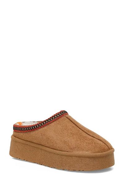 GDT Ayakkabı Tan Color Suede Flat Sole Women's Slippers