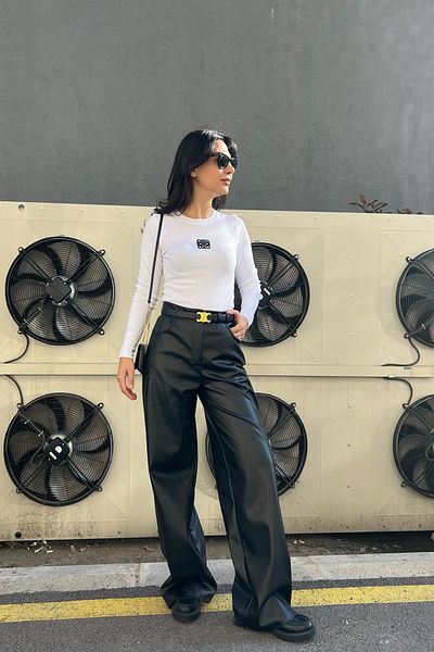 Seda Yalçın Atelier Black Amelia Wide Leg Leather Trousers