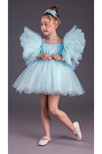 Mnk Baby&Kids Rochie de seară pentru fetiță cu mâneci bufante și fustă tutu MNK0582 BEBE BLUE