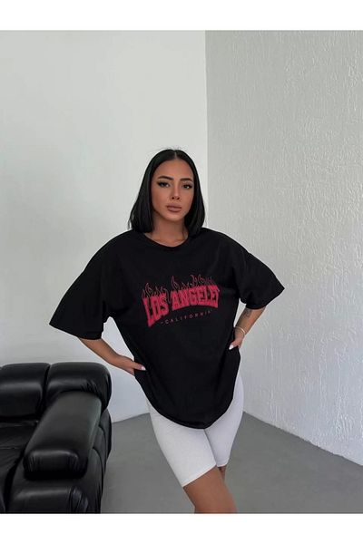 New Shine Μπλουζάκι Unisex Crew Neck Printed Oversize - Μαύρο