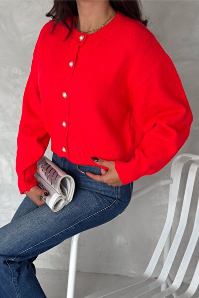 FEMELLE Kadın Nar Standart Beden İnci Düğmeli Kısa Triko Hırka