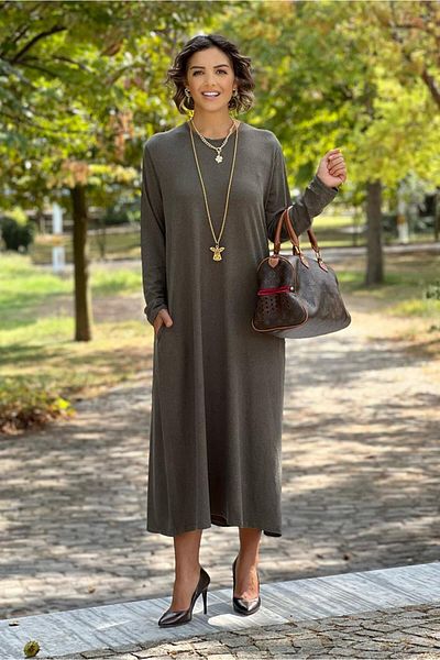 Nevin Kaya Moda Φόρεμα από μαλακό μάλλινο βισκόζη Χακί Angora