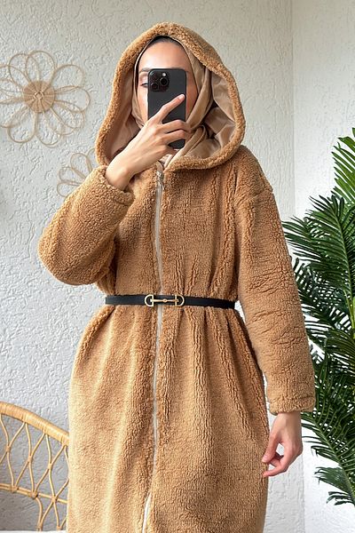 Salih Çelebi 2183 Μακρύ βελούδινο καπάκι με κουκούλα - CAMEL