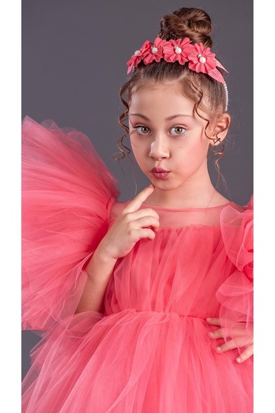 Mnk Baby&Kids Tütü Etekli Kabarık Kollu Komotini Taçlı Kız Çocuk Abiye Elbise MNK0582 NAR ÇİÇEĞİ