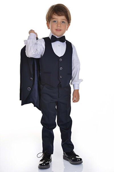 Mnk Ceketli Yelekli Erkek Çocuk Damatlık Takım Elbise MNK0274 LACİVERT