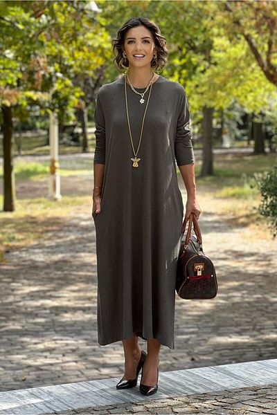 Nevin Kaya Moda Φόρεμα από μαλακό μάλλινο βισκόζη Χακί Angora