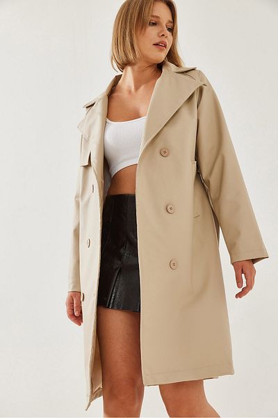 Bianco Lucci Damen-Trenchcoat aus langem Leder mit 6-Knopf-Gürtel 2246 60351180