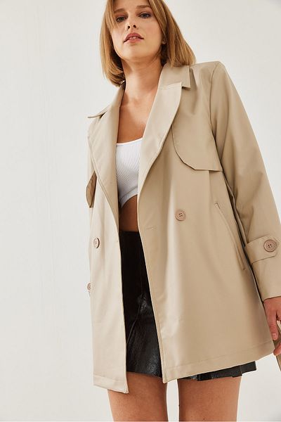 Bianco Lucci Kurzer Trenchcoat aus Leder mit zweireihigem Ausschnitt und Gürtel – Windkappe, Tasche 2377 60351181