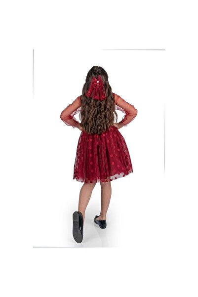 Mnk Baby&Kids Prenses İri Puanlı Tokalı Dantel Kumaş Kız Çocuk Elbise MNK0547 BORDO