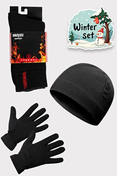 Katmirra Unisex Negru Termic Iarna Calitate Fleece Mănuși Gât Sosete Seturi de măști de zăpadă