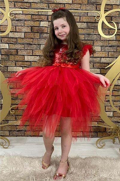 Mnk Sequin Sequined Girl's Dress Red with Zigzag Tulle Skirt