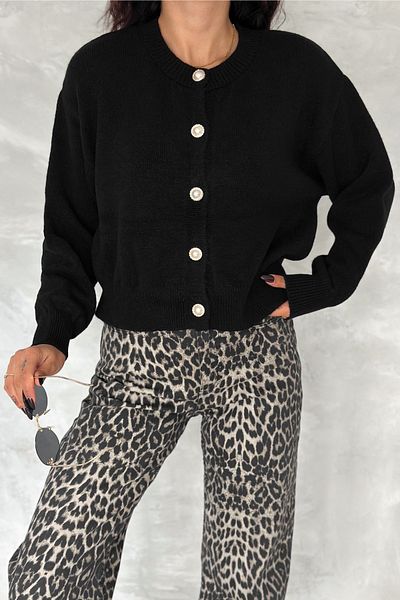 FEMELLE Cardigan de damă, negru, mărime standard, cu nasturi perle