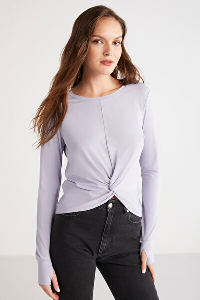 ETHIQUET Modest Genesis Women's Slim Fit Slim Fit Front Ribbed Drape Detailed Round Neck Crop Lilac Blouse