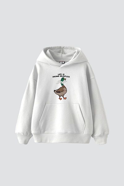 Sekizbiraltı Unisex Premium White Hoodie - Ducking Relentless Printed, Oversize
