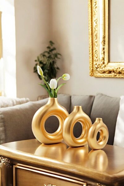 tambana Dekoratif Vazo Seti Obje Ev Dekorasyon Masa Üstü Dekor Vazo Seti Model 23 3 Adet Altın