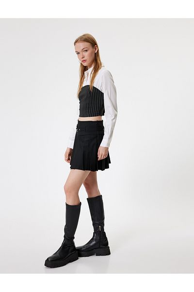 Koton Standard Waist Slim Fit Mini Pleated Skirt - Belt Detailed