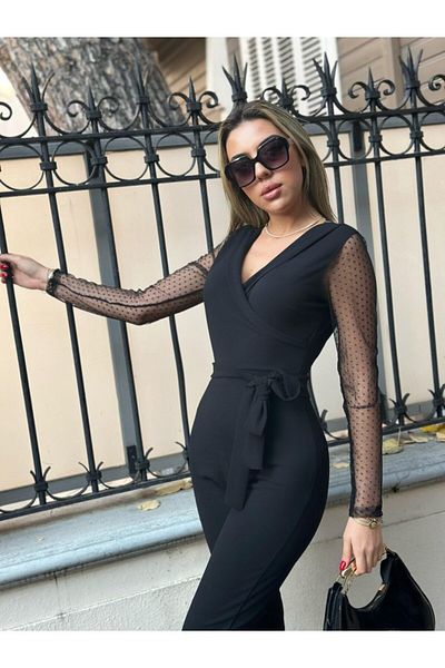leyla sanat sanata yeni bir bakış açısı Leyla a New Perspective on Art Crepe Fabric Sleeve Tulle Points Detailed Belted Jumpsuit 141 cm