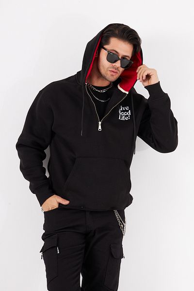 The Champ Clothing Суитшърт с качулка и щампа "Живи добър живот", голям размер, връзки, цип и щампа на гърба