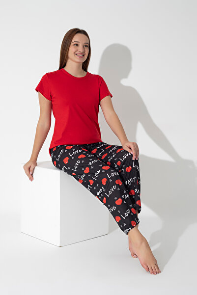 ModaLeaf Red Color Love and Heart Printed Short Sleeve Pajamas Set 308