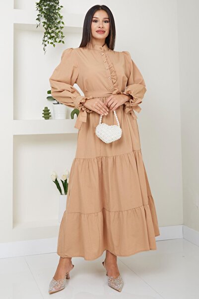 SENSTIL فستان بأكمام مكشكشة من الأمام مع ربطة عنق جملي SS2078