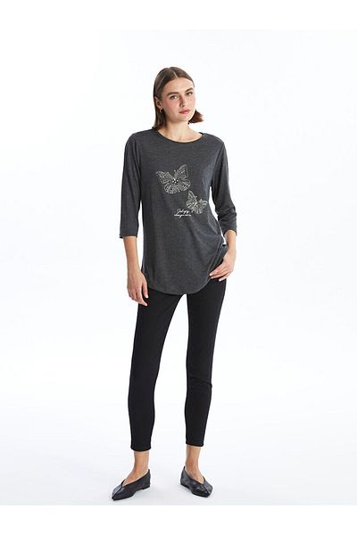 LC Waikiki Crew Neck Shiny Stone Printed Long Sleeve Women's Blouse