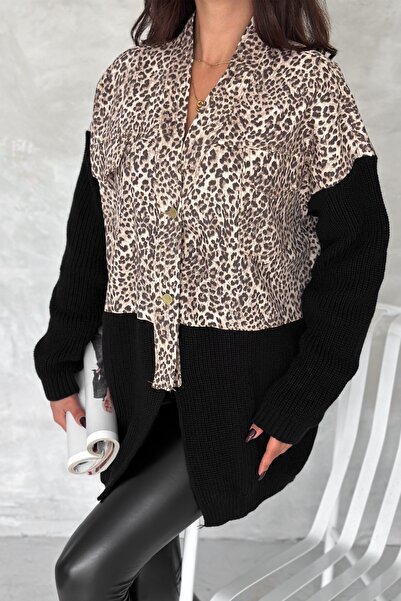 FEMELLE Women's Brown Standard Size Leopard Pattern Knitwear Detailed Design Oversize Denim Jacket