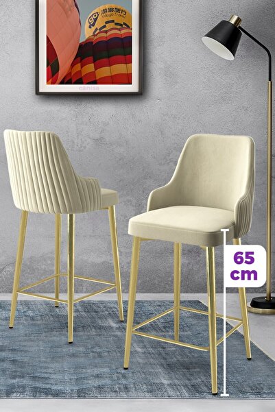 Canisa Tera Serisi 2 Adet Babyface Kumaş 65 cm Gold Kaplama Ayaklı Krem Bar Sandalyesi