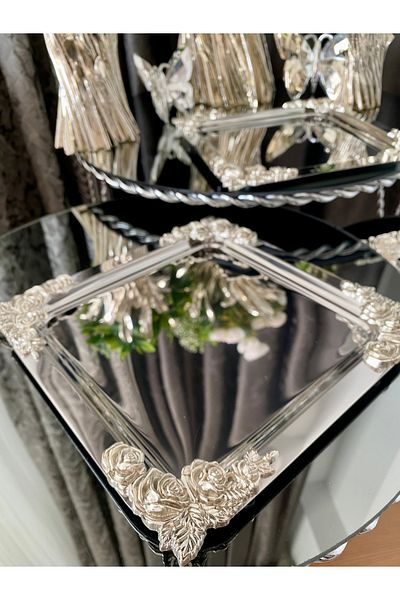 atabey home collection صينية صب معدنية مكونة من 6 قطع - تأثير القهوة والشاي والعرض، نموذج الورد الفضي