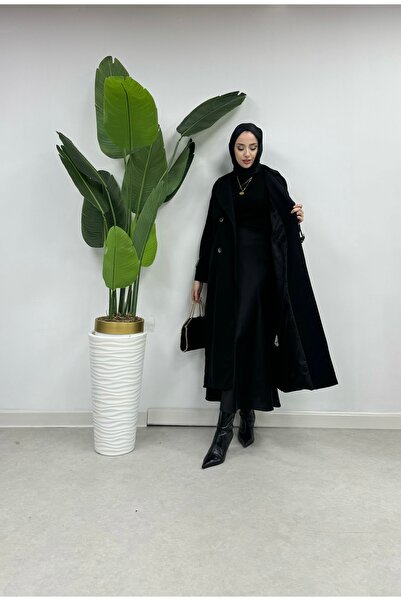 Tesettür Diyarı Torino Fabric 120cm Trench Coat - Back Slit Detail, Black