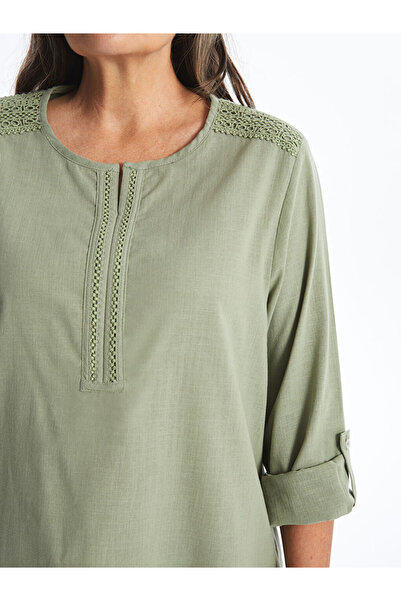 LC Waikiki Green Shrug Collar Lace Detailed Long Sleeve Women's Blouse