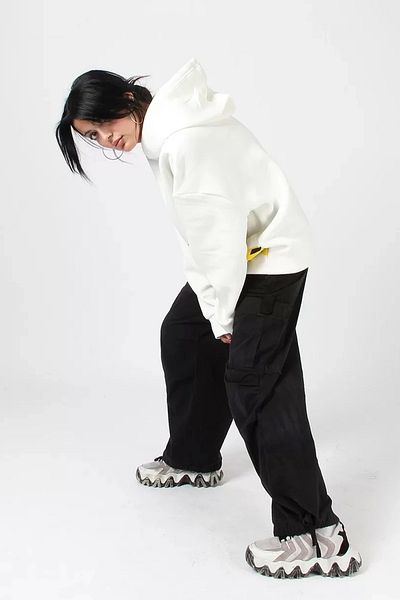 Sekizbiraltı Hanorac cu glugă unisex, alb, oversize, imprimat