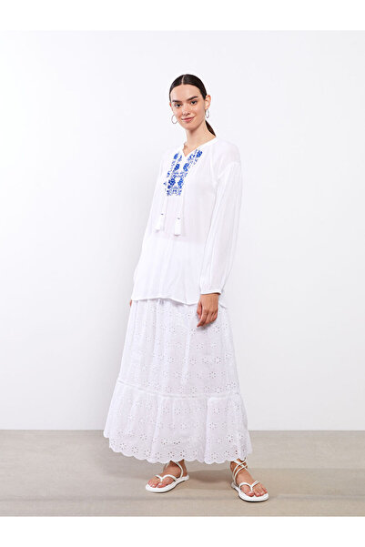 LC Waikiki Tie Collar Embroidered Long Sleeve Viscose Women's Blouse