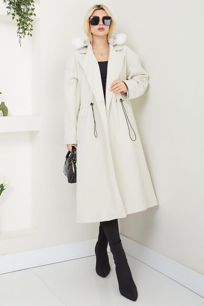 SENSTIL Εκρού Κασμιρένιο Παλτό - Με Κουκούλα και Κορδόνι στη Μέση, SS2604